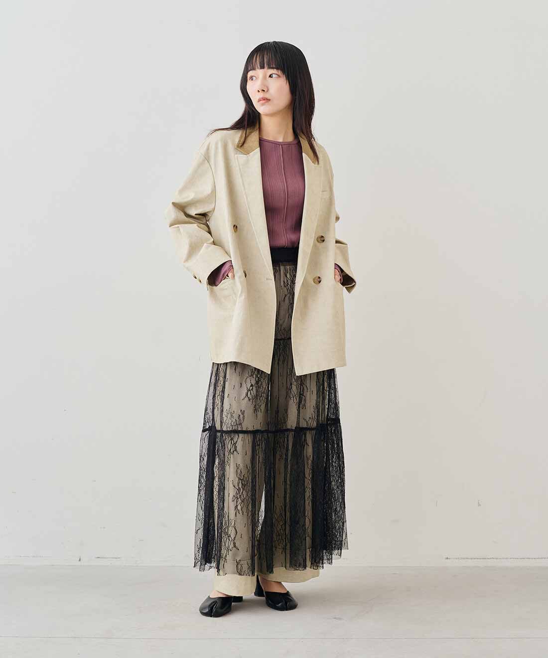 MEDE19F|ヴィンテージライク　 チノ素材 ジャケット〈ベージュ〉とコットンランダム リブトップスの会と花プリントとレースのスカートセット〈ブラック＆パープル〉のコーディネート