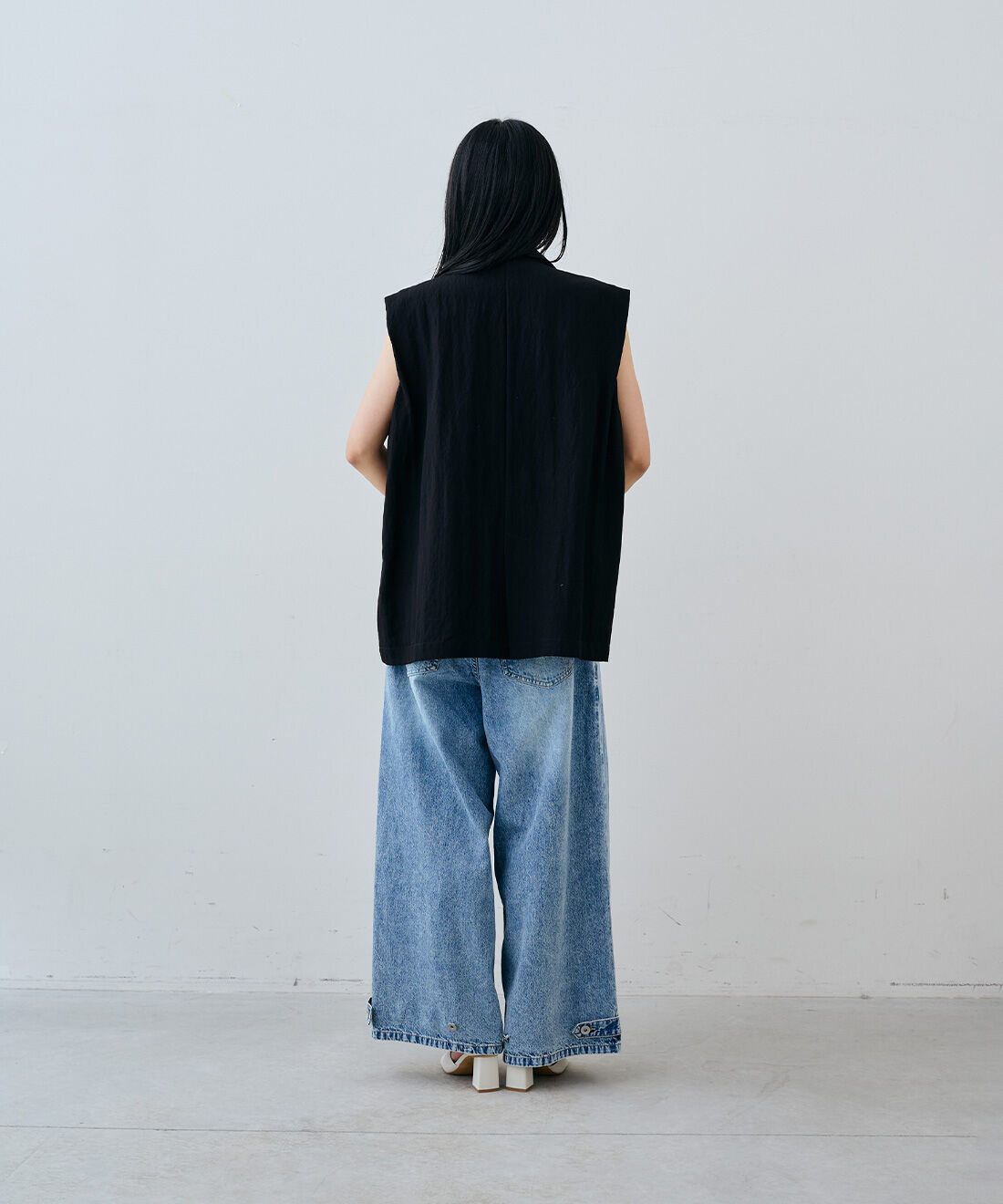 MEDE19F|レスウォーターの麻混タックワイドデニムパンツのコーディネート|163cm　size：M