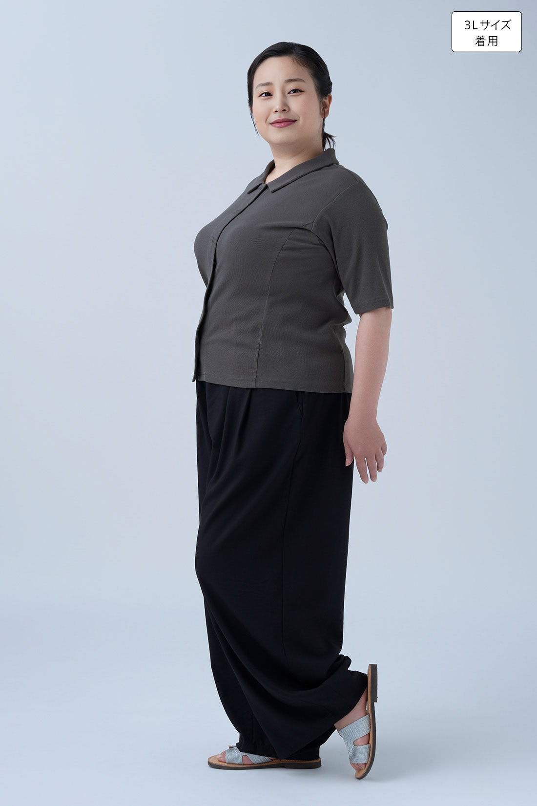 MEDE19F|ベルト付きバギーパンツのコーディネート|身長：160cm バスト：113cm ウエスト：90cm ヒップ：115cm 太ももまわり：63cm