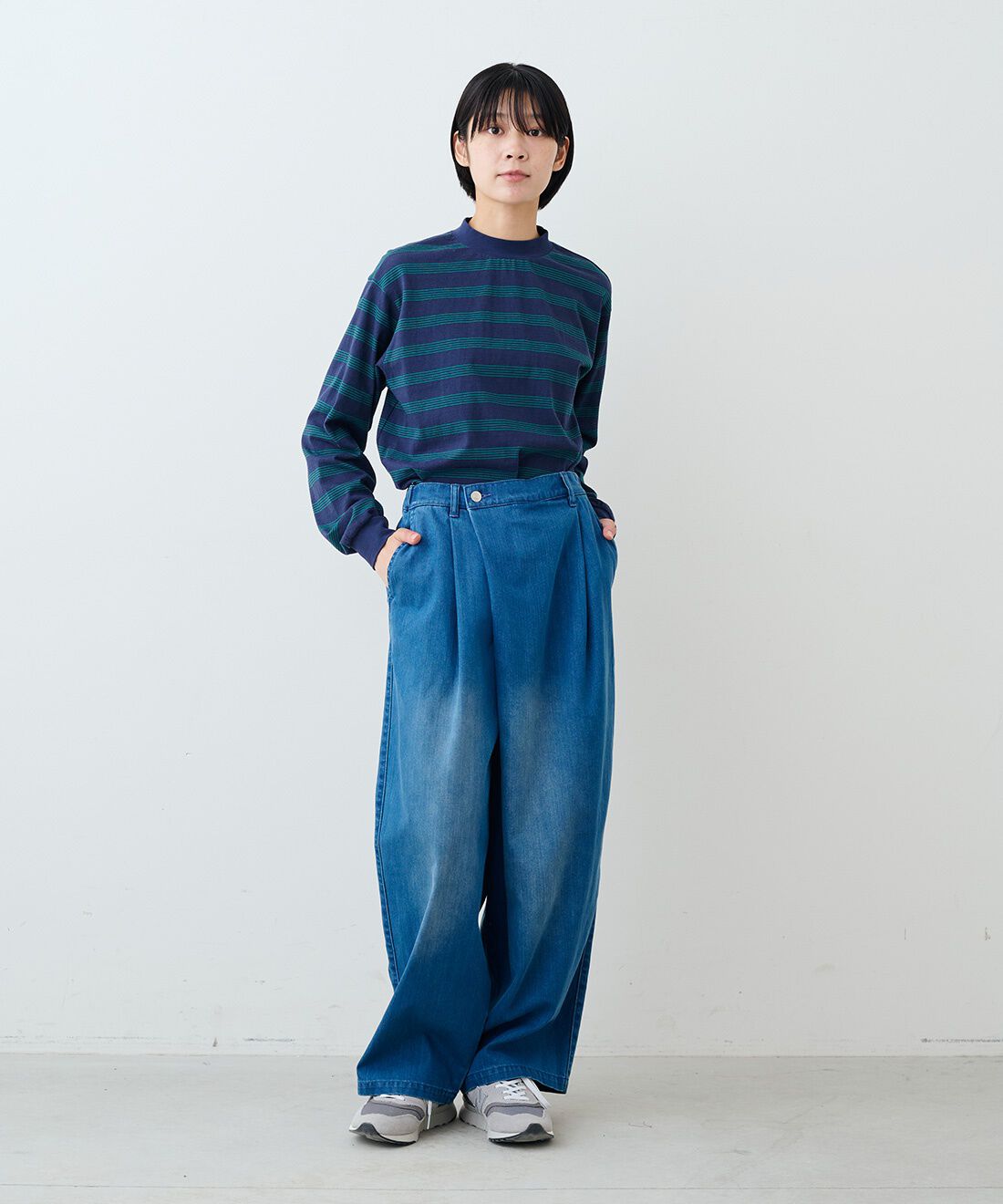 THREE FIFTY STANDARD|ラップ デニム ワイドパンツのコーディネート|モデル身長：163cm 着用サイズ：M
