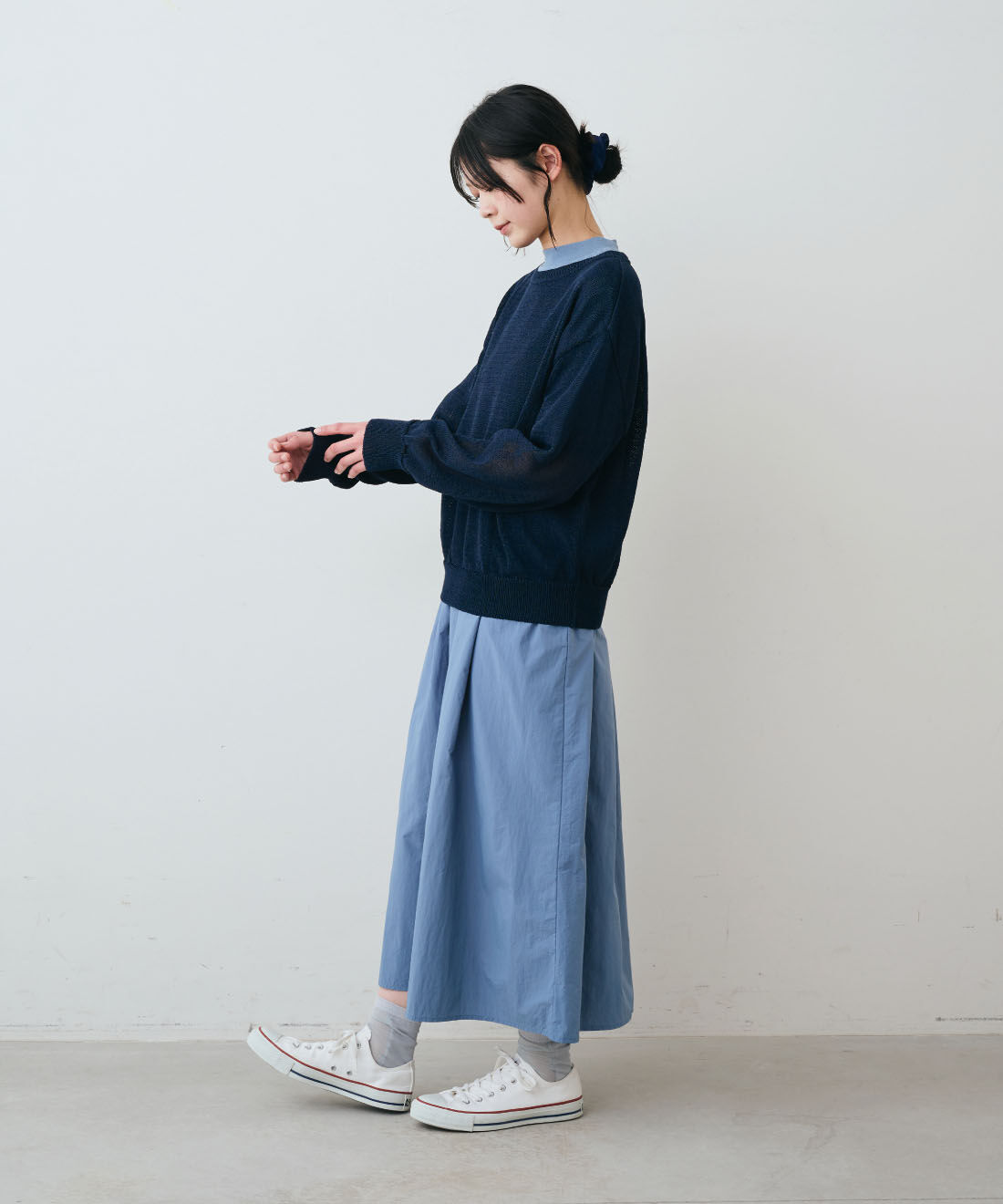 THREE FIFTY STANDARD|THREE FIFTY STANDARD　接触冷感・吸汗速乾&times;ナイロン素材の切り替えワンピース〈ブルー〉|モデル身長：163cm　着用サイズ：M