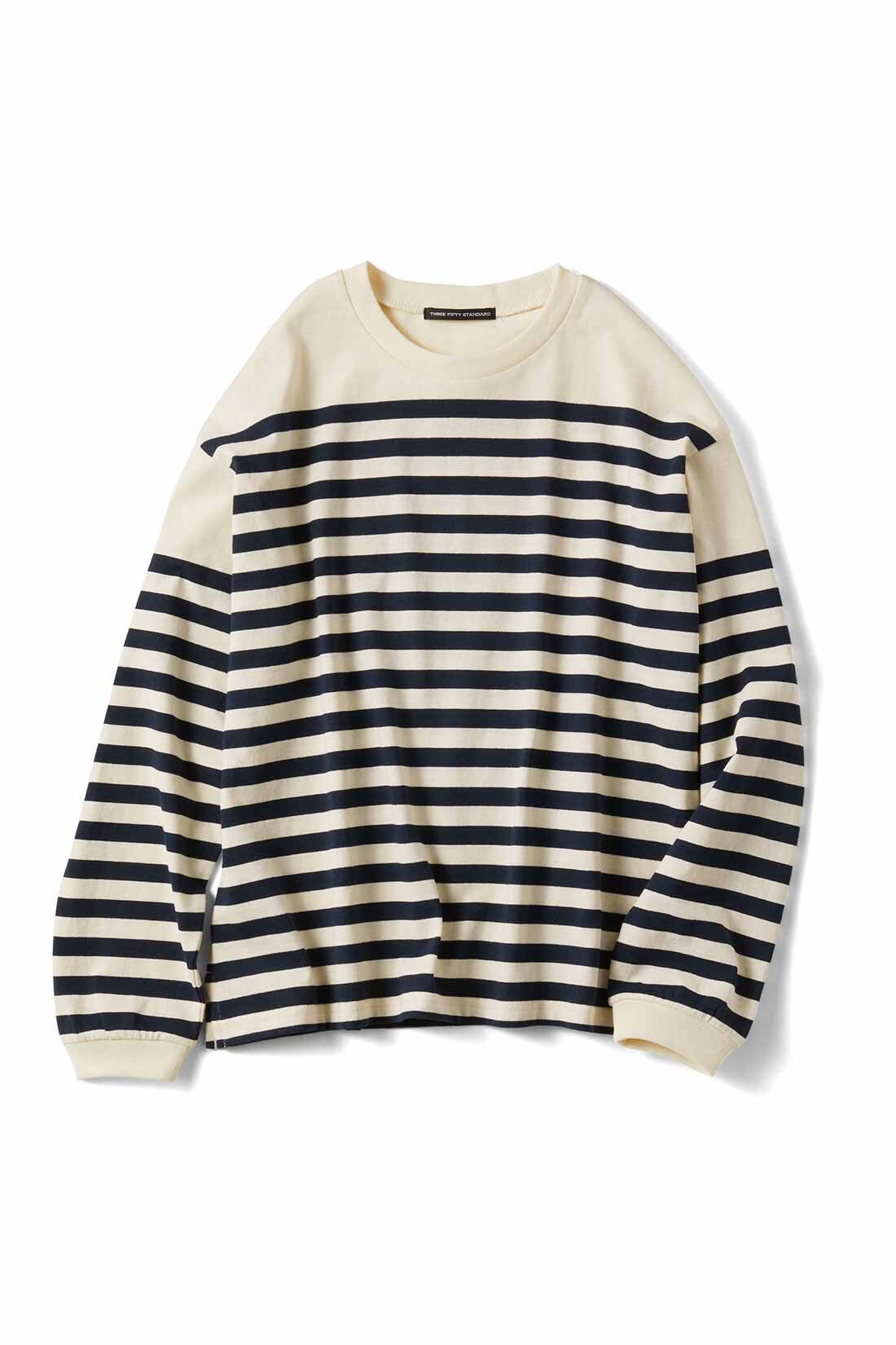 THREE FIFTY STANDARD|THREE FIFTY STANDARD クルーネックのパネルボーダーTシャツの会|オフホワイト&times;ネイビー