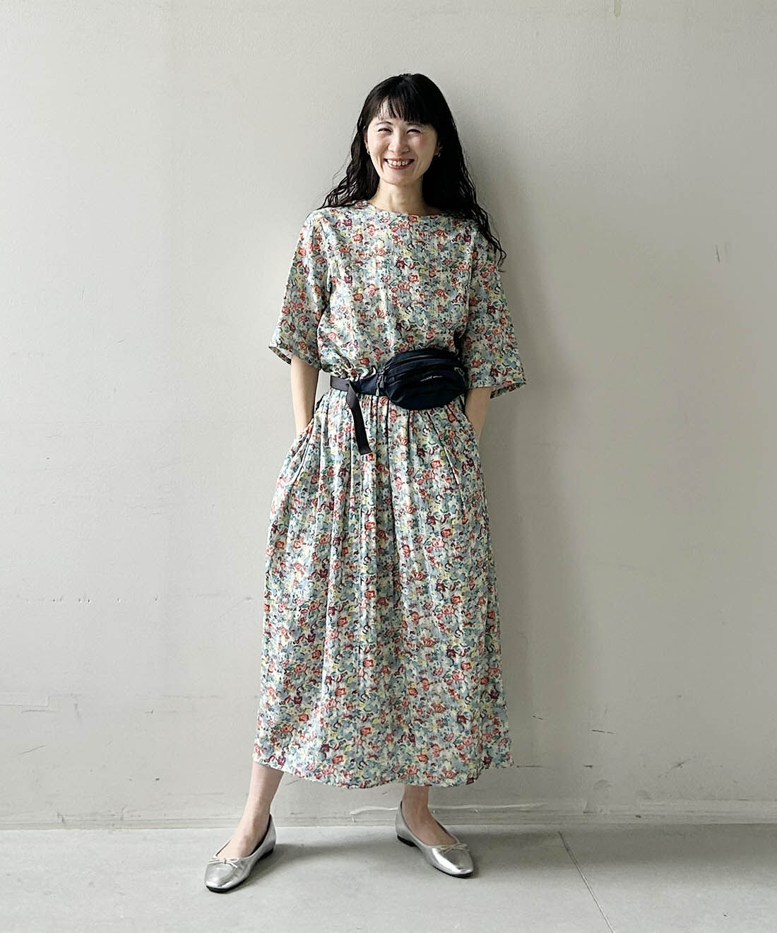 mensha!|ヴィンテージライクな花柄ガーゼコクーンスカートのコーディネート|スタッフ身長：165cm　着用サイズ：M