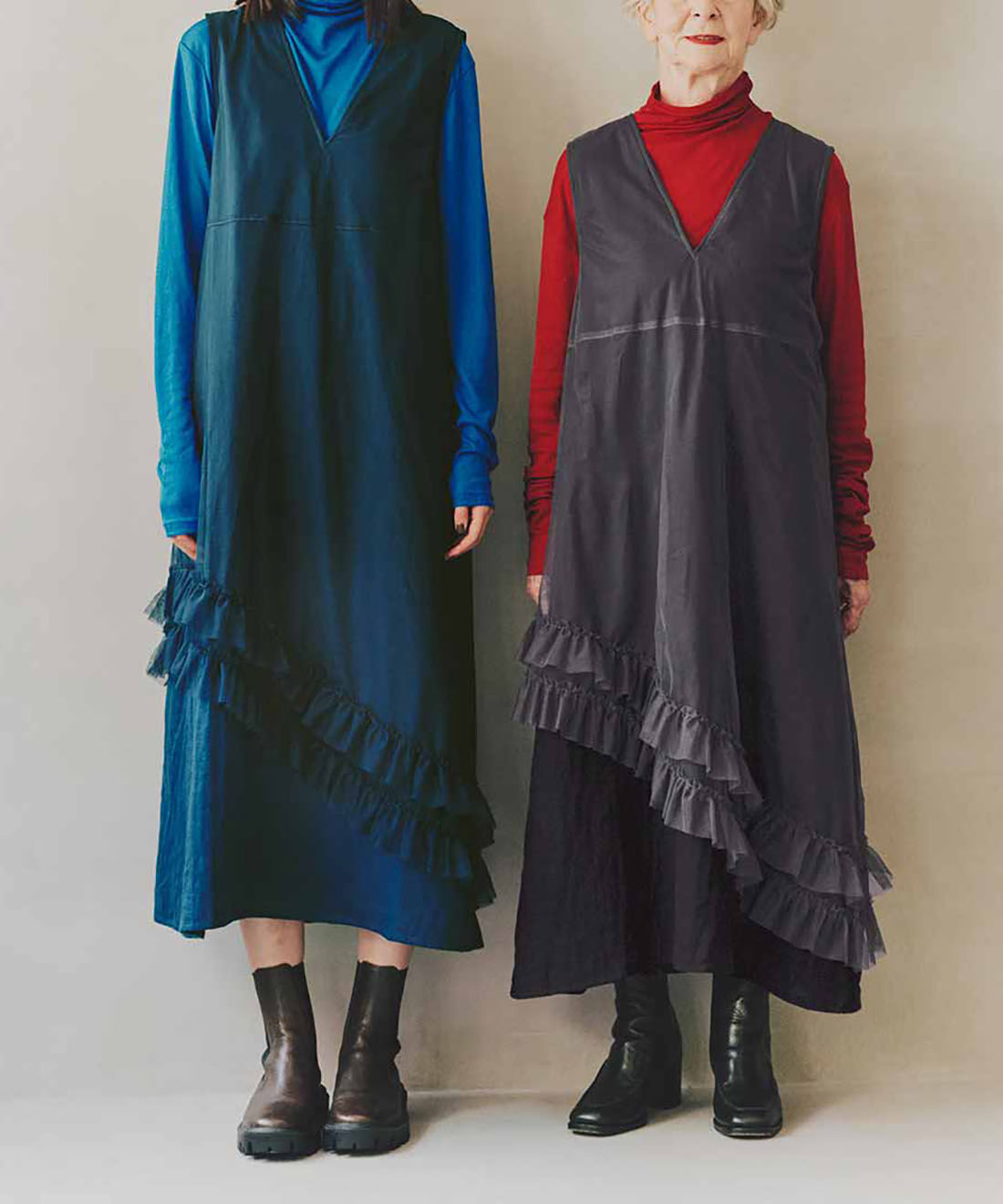 mensha!|mensha!　ガーゼにチュールを重ねた ドレスアップワンピース〈オニキスブラック〉|モデル身長 左：172cm 右：160cm　着用サイズ 左：モデル寸　右：M