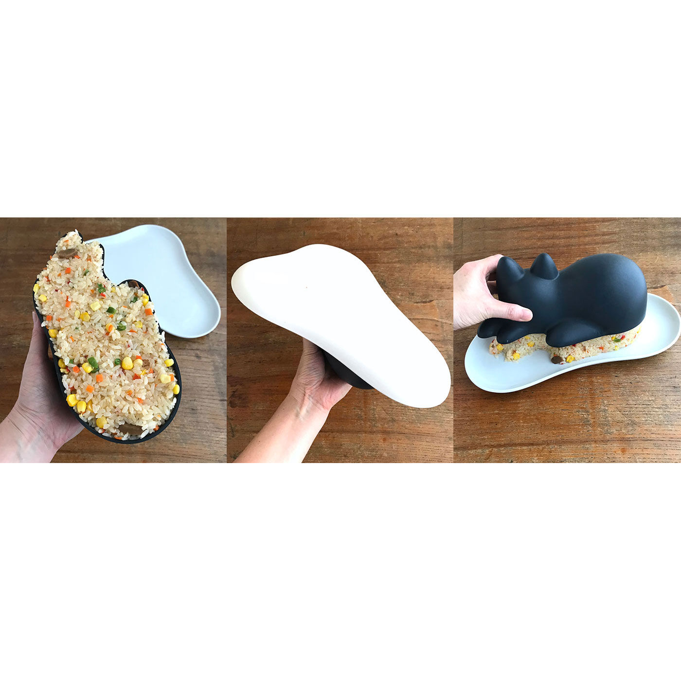 フェリシモの雑貨 Kraso|ごはんにゼリーに雪だるま！ ＋ｄ 猫シルエットが作れる「ネコカップ」|ごはんの場合、少し押すような感じでしっかり詰めるときれいに仕上がります。多めのごはんをしっかり詰めたら&rArr;お皿を乗せて上から押さえて、エイヤッとひっくり返し&rArr;そっとネコカップを外します。